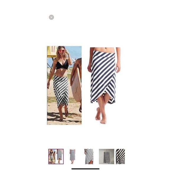 Athleta Ribbon Stripe Midi Skirt Size XS Tulip Hem Navy‎ White Faux Wrap Stretch - Picture 1 of 9